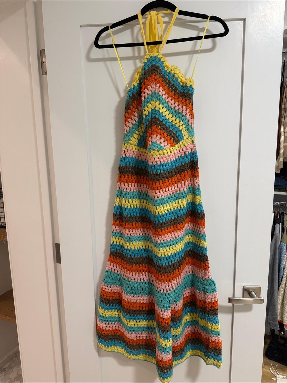 NWOT SAYLOR Multicolor Crochet Halter Maxi Dress - Yellow, Teal, Coral, Brown